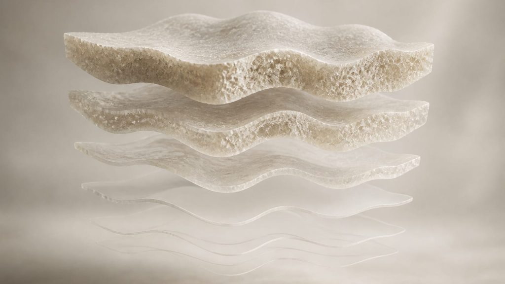 Stacked translucent geometric layers thinning toward the bottom edge on a neutral background.