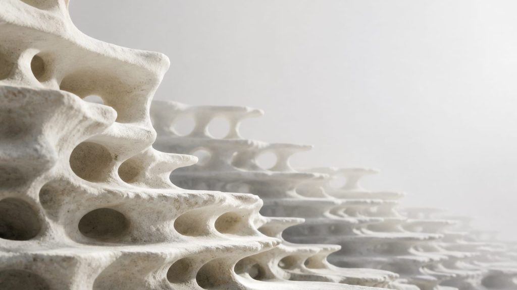 Abstract porous stone-like forms receding into a pale background.