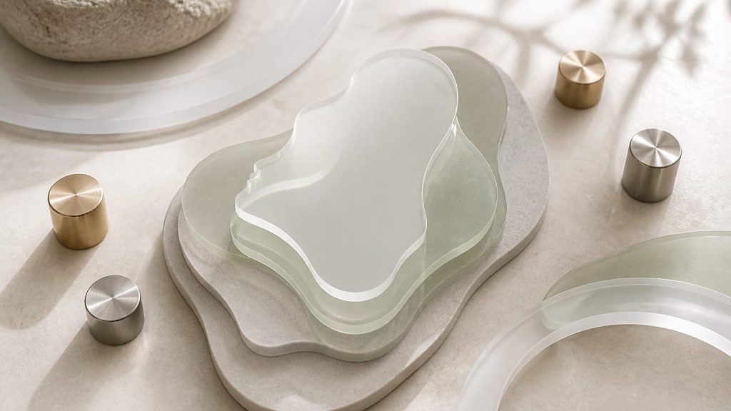 Curved translucent layers and small metallic markers arranged on a clean surface.