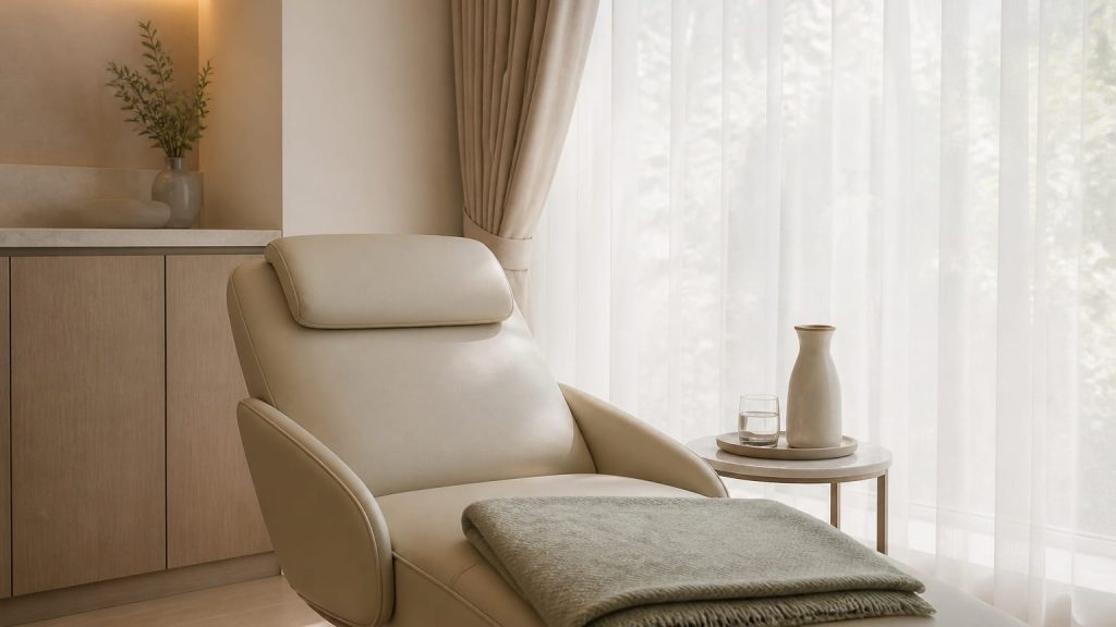 Minimal recovery room corner with a reclined chair, folded blanket, side table, and soft daylight.