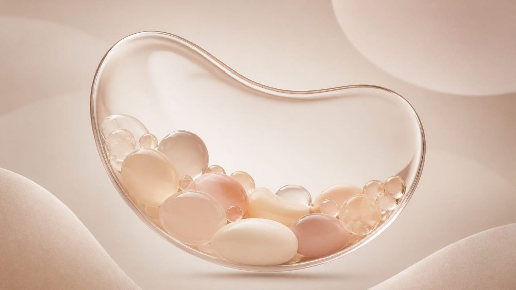 Rounded soft shapes settling lower inside a clear frame on a beige background.