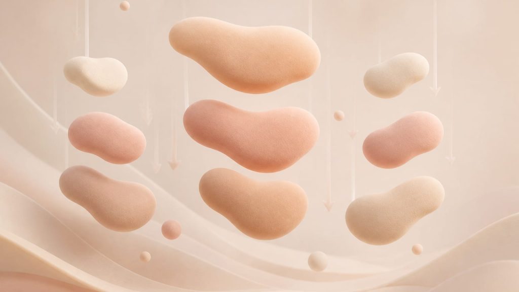 Rounded abstract shapes drifting downward over a smooth cream background.