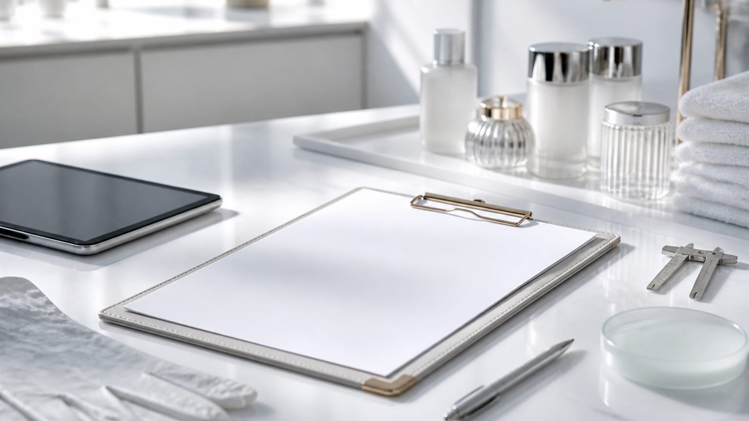 Flat lay of neatly arranged treatment planning tools on a clean desk.