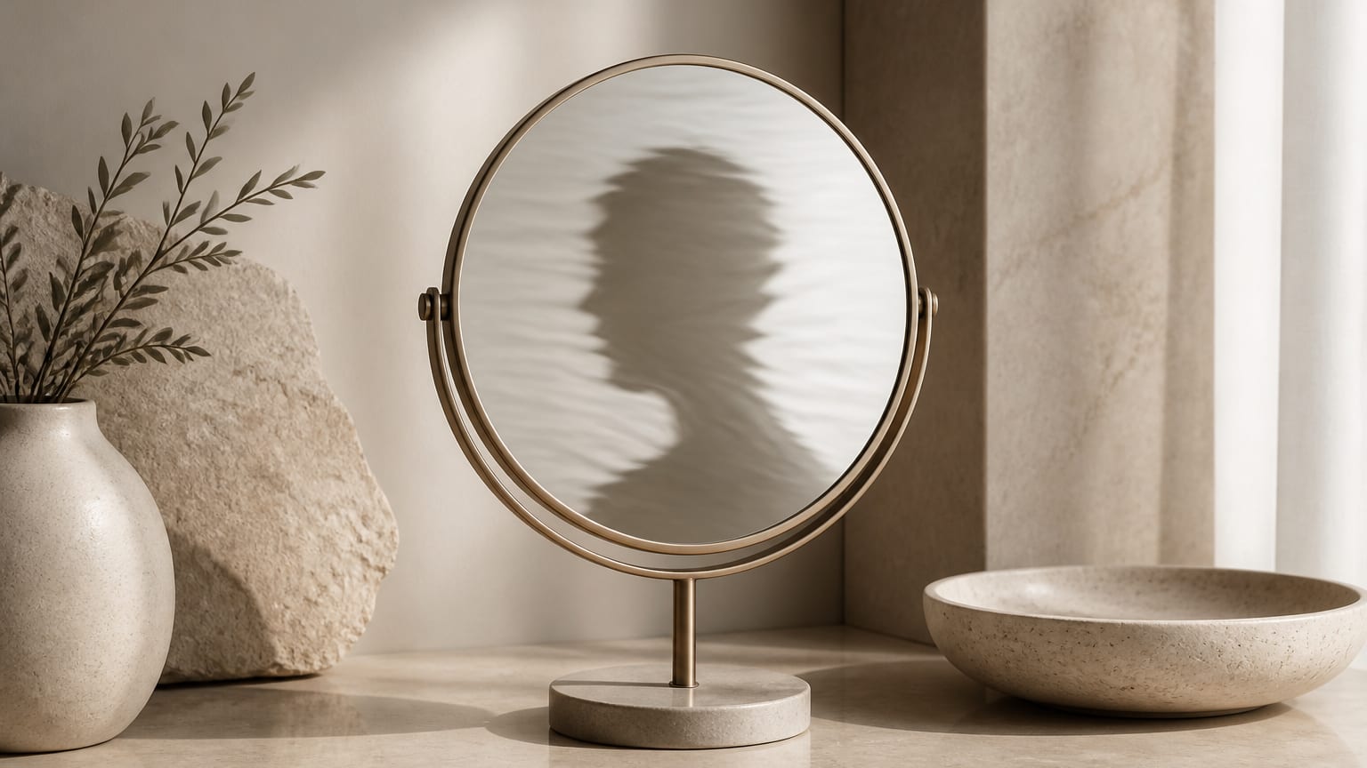 Soft silhouette reflected in a round mirror with gentle ripple distortions and a neutral background.