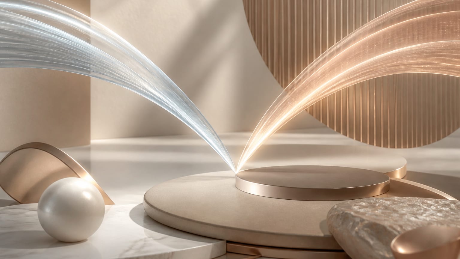 Two softly lit translucent arcs converging above layered neutral surfaces.