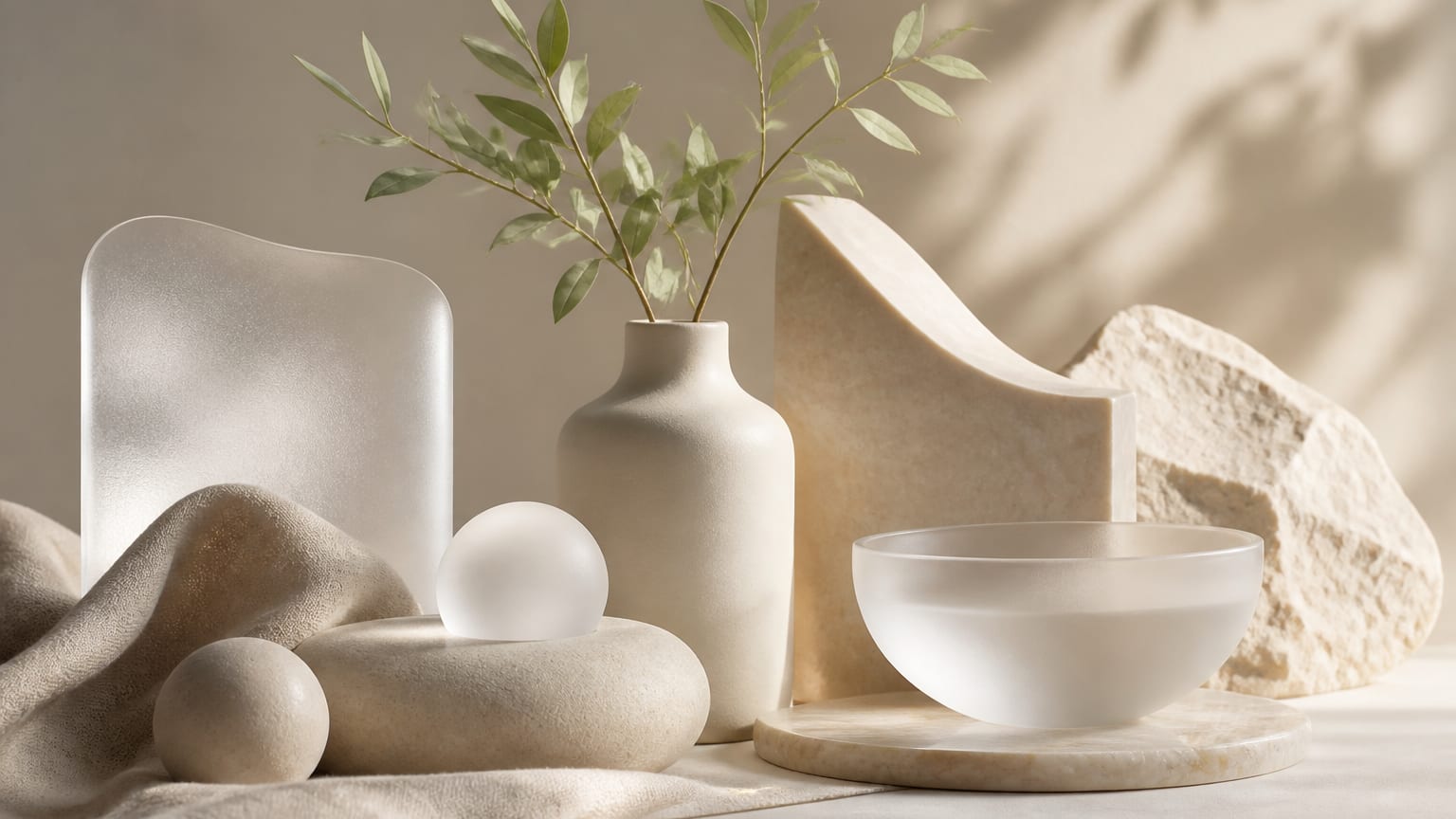 Abstract still life of stone, frosted glass, draped fabric, and a small plant in soft light.