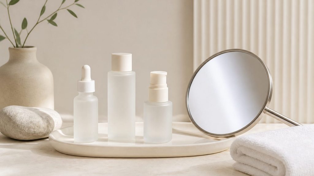 Minimal arrangement of skincare and treatment-related objects on a neutral surface.