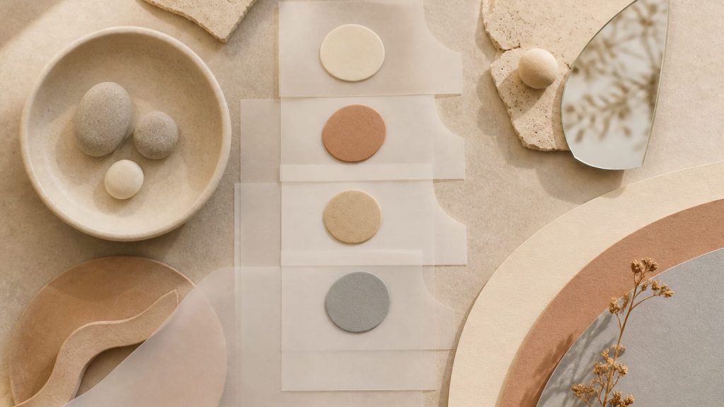 Arranged abstract skincare objects and paper-like shapes on a neutral surface.