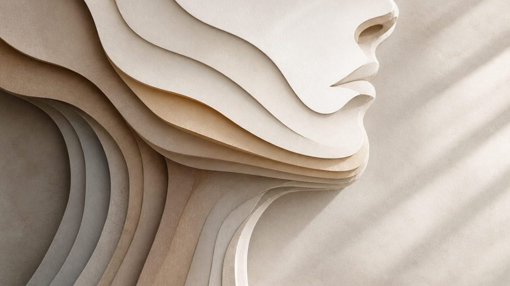 An abstract side-profile relief built from several stacked contour layers.