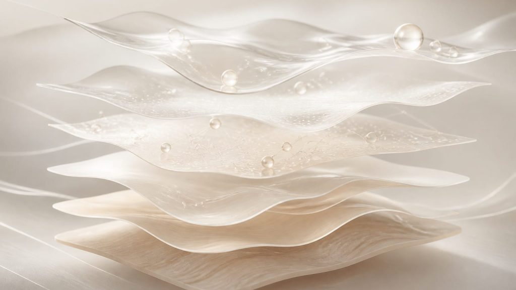 Stacked translucent abstract layers floating above a neutral background.