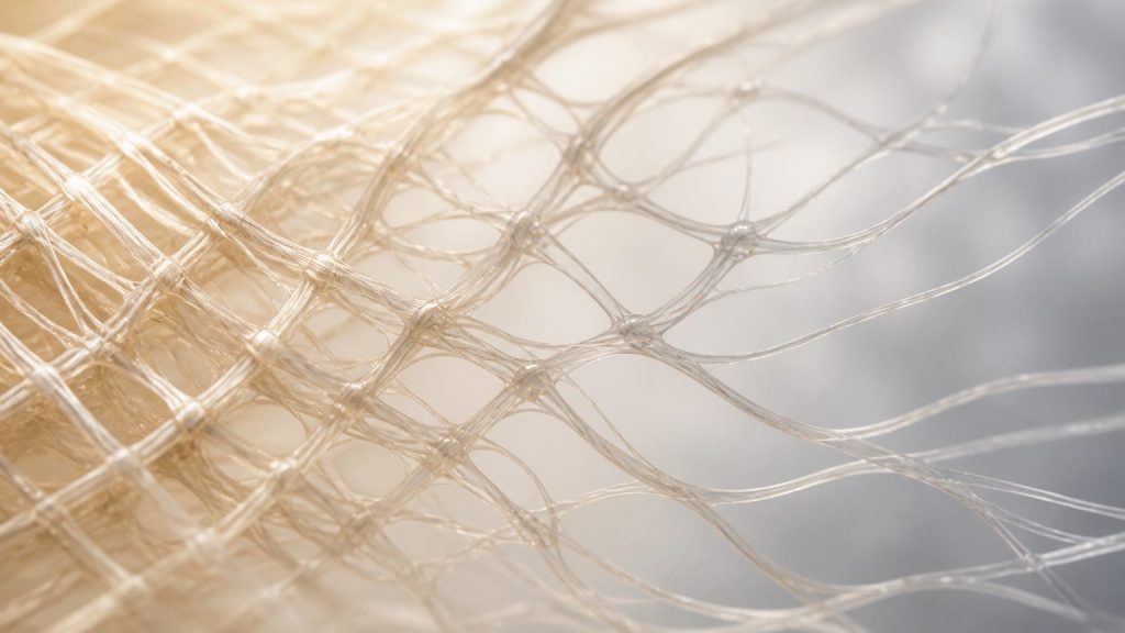Fine abstract mesh strands loosening across a pale background.
