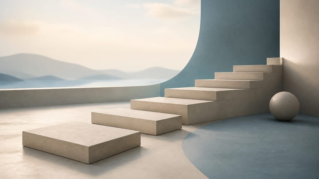 Evenly spaced geometric platforms receding into the distance under soft light.