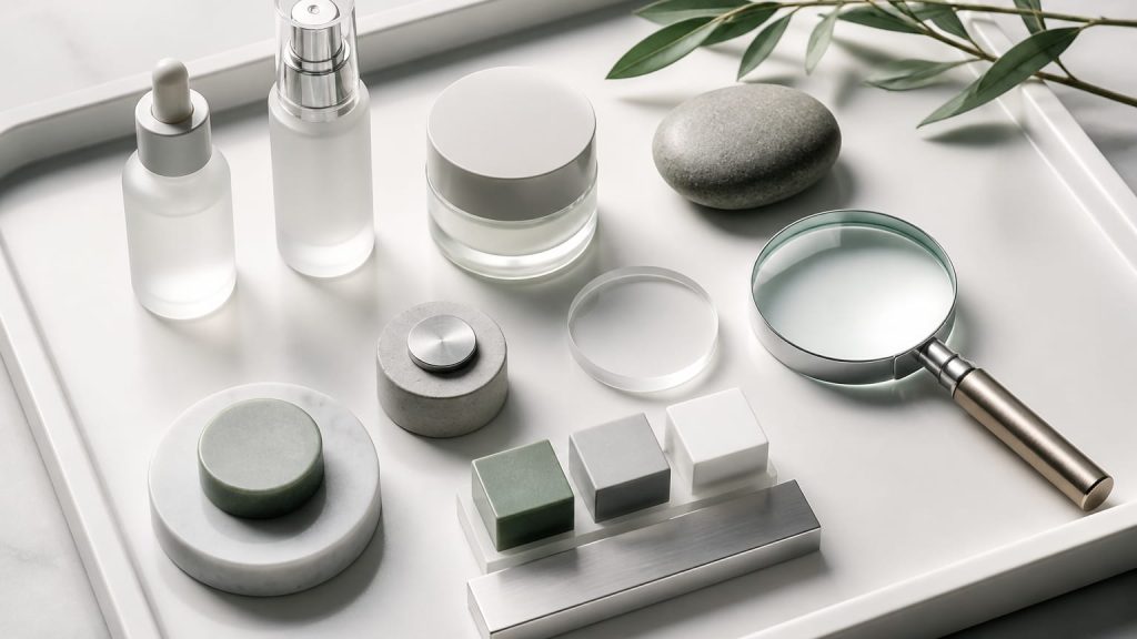 Balanced arrangement of skincare jars, stone shapes, and a magnifying lens on a tray.