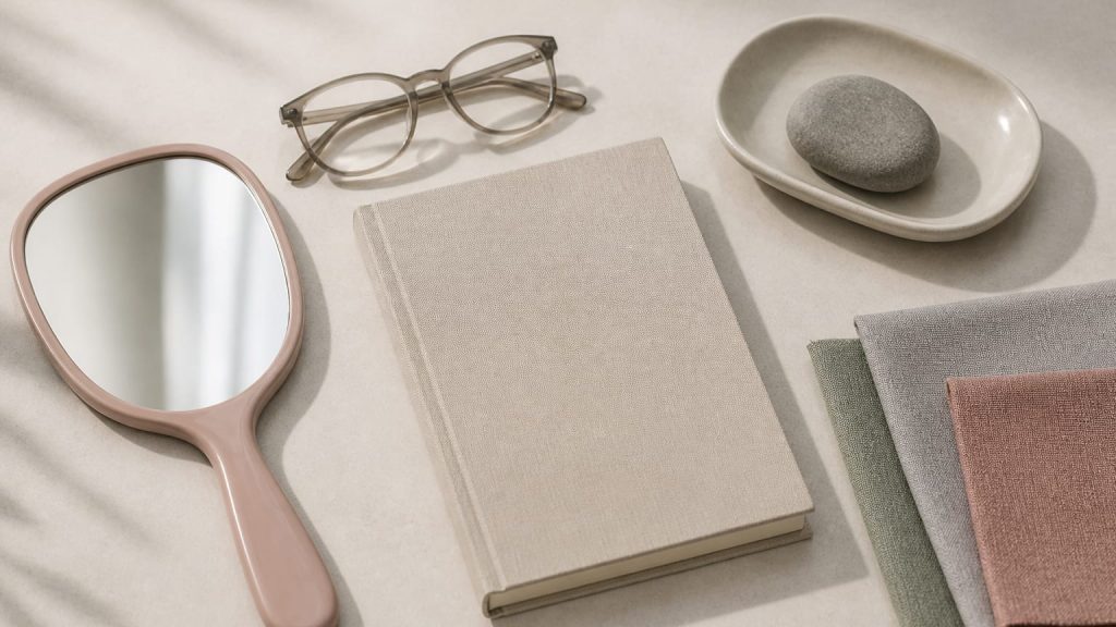 Neatly arranged neutral objects on a table, including a mirror, reading glasses, notebook, and fabric swatches.
