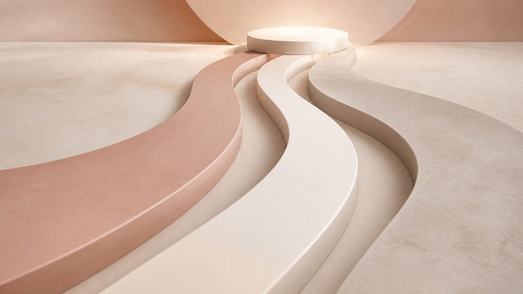 Three abstract curved pathways made of smooth raised bands converging on a clean neutral surface.