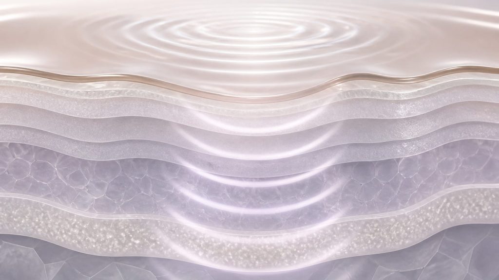 Abstract layered surface with repeated soft wave pulses spreading through translucent material.