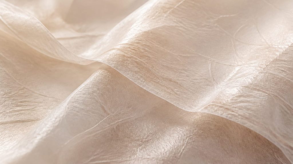 Close view of layered translucent material with fine natural creases and soft light.