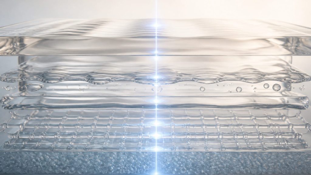 A concentrated beam-like line descending through translucent layered material.