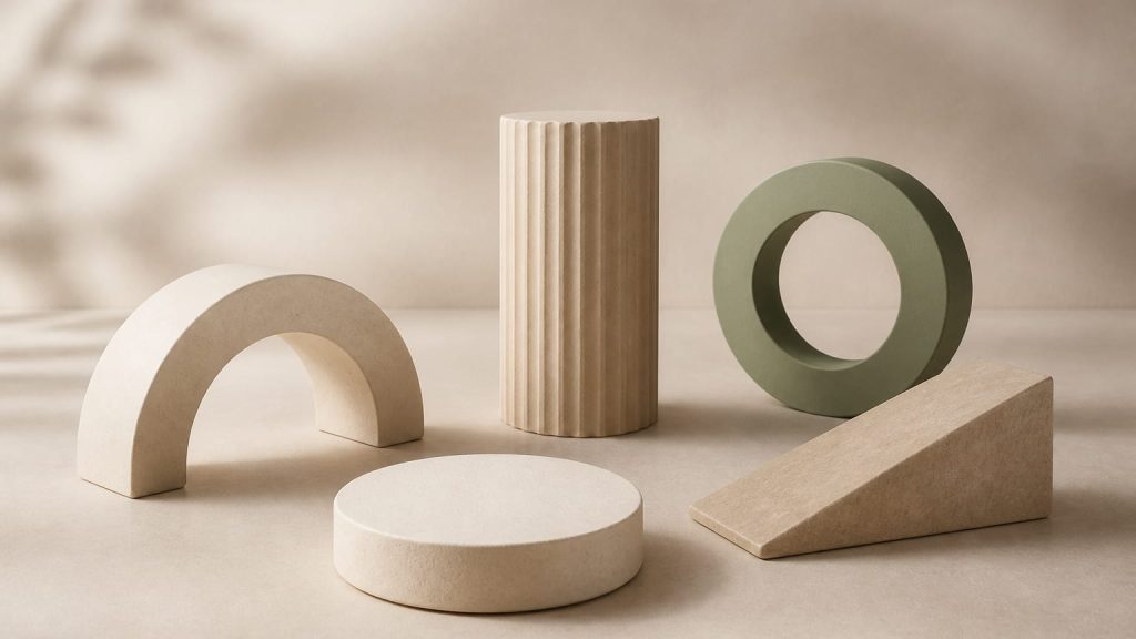 Abstract arrangement of five distinct geometric forms on a clean background.