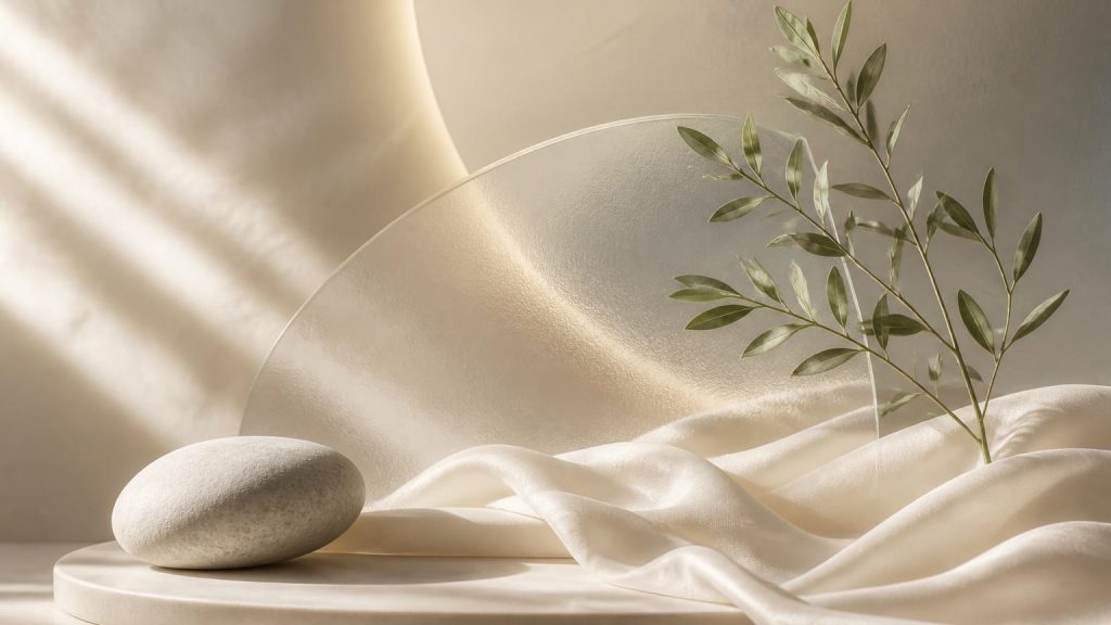 Abstract still life with curved frosted glass, smooth stone, draped fabric, and a soft green stem in warm directional light.