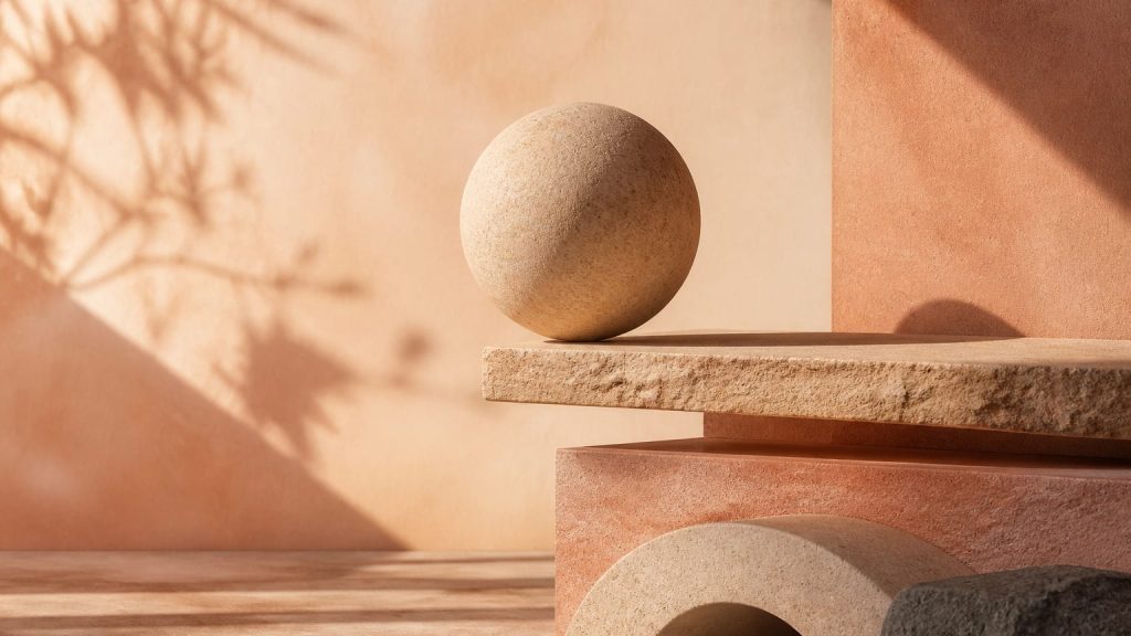 Stone sphere balanced on layered surfaces with long shadows from warm light.