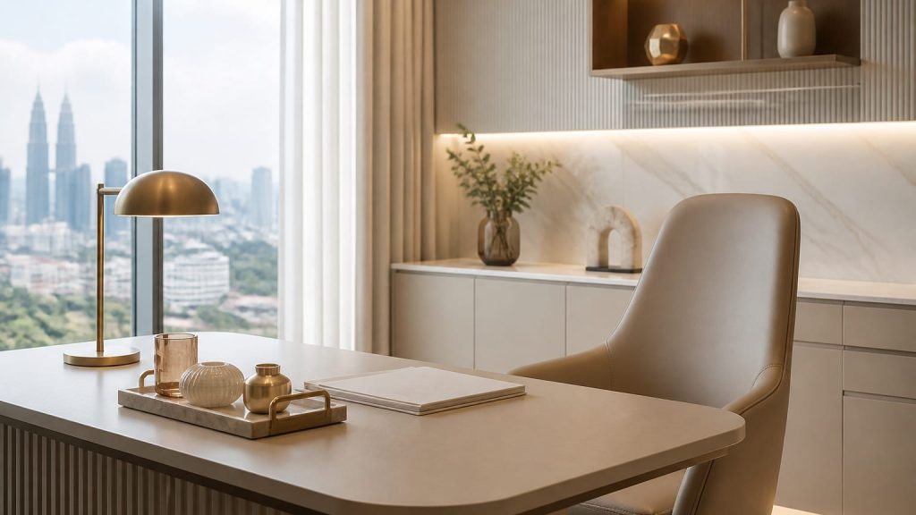 A tidy consultation desk with a chair, lamp, and neutral sculptural decor in a bright clinic room.