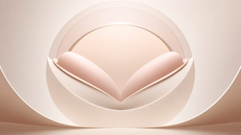 Symmetrical abstract arcs and rounded forms centered on a neutral background.