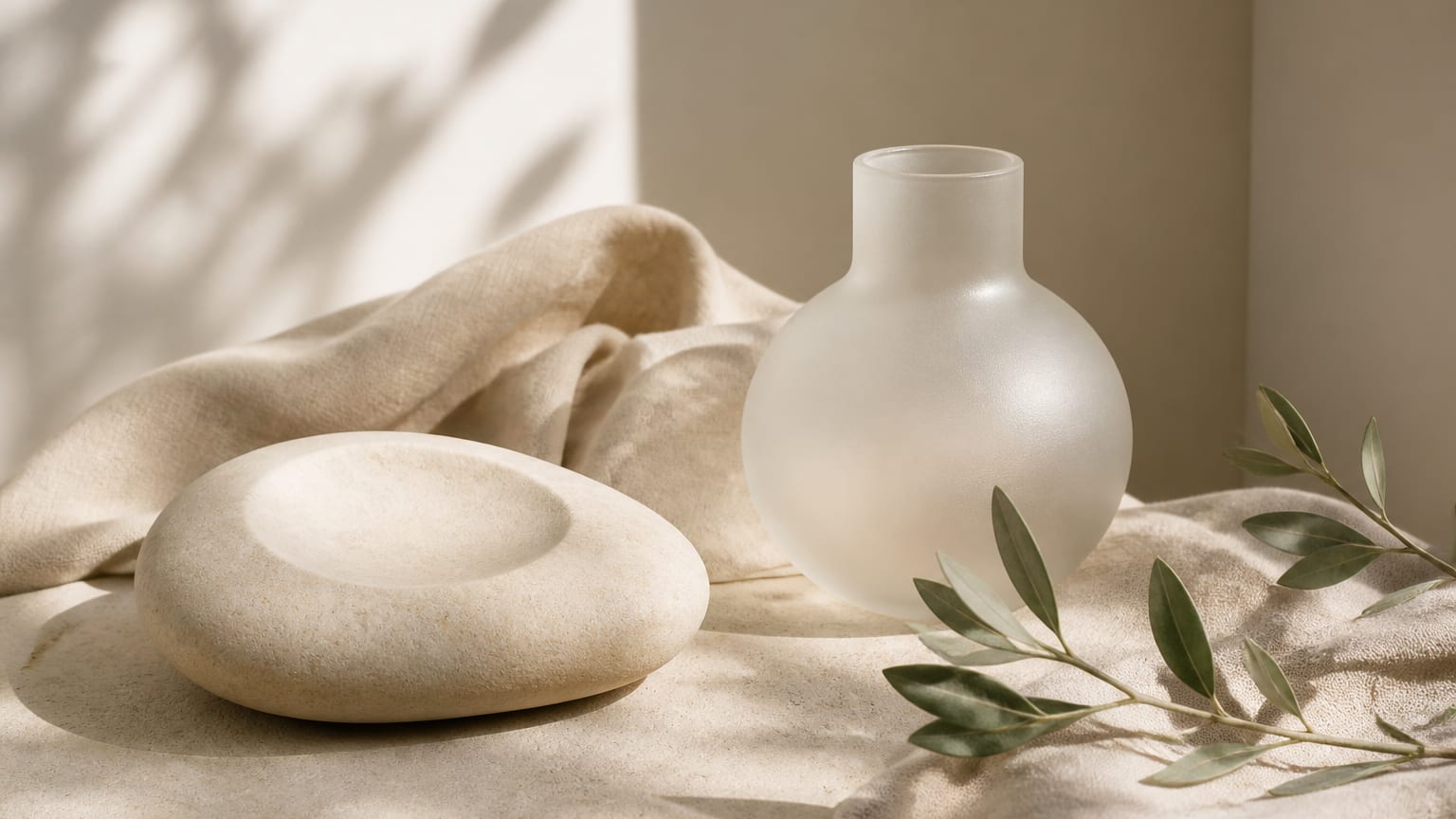 Abstract still life with stone, frosted glass, draped fabric, and a small leafy stem in warm light.