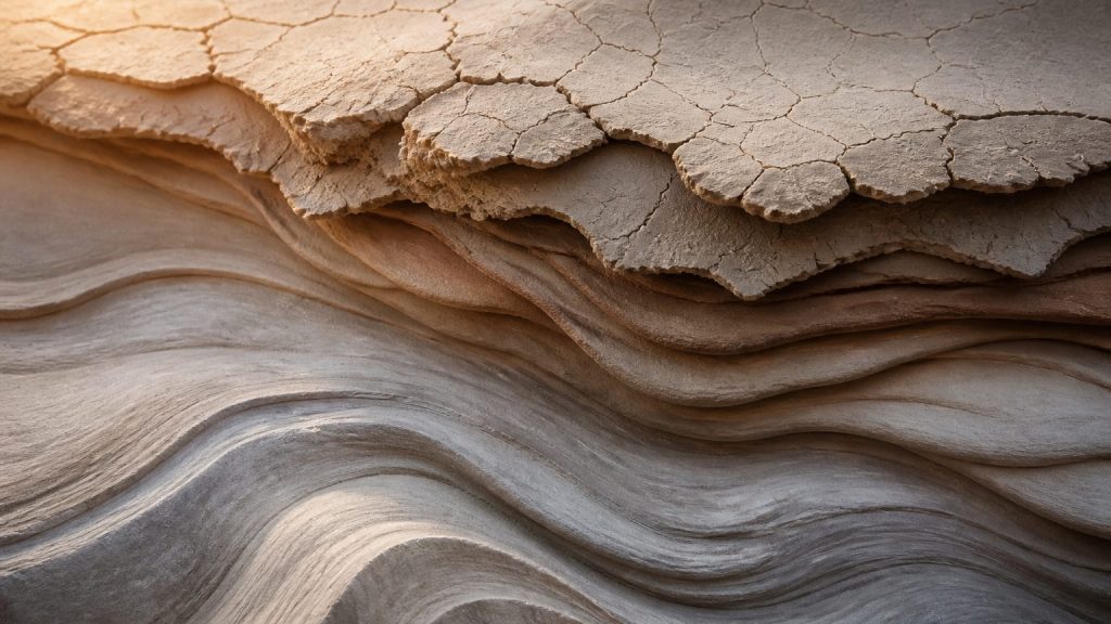 Abstract layered terrain with fine cracks, soft shadows, and a smooth underlying band in muted neutral tones.