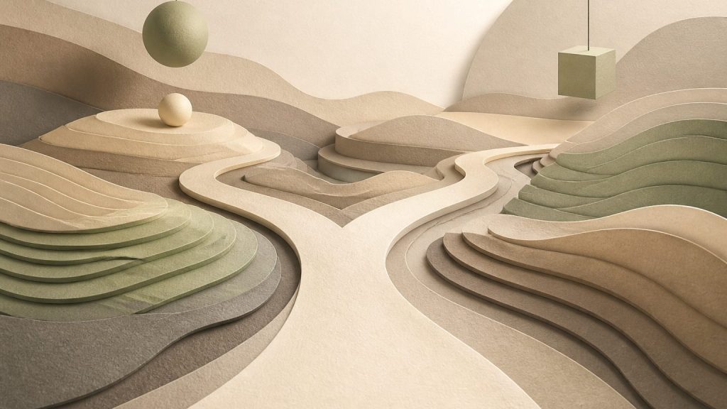 Layered abstract paper landscape with a forked path and balanced shapes in soft neutral tones.