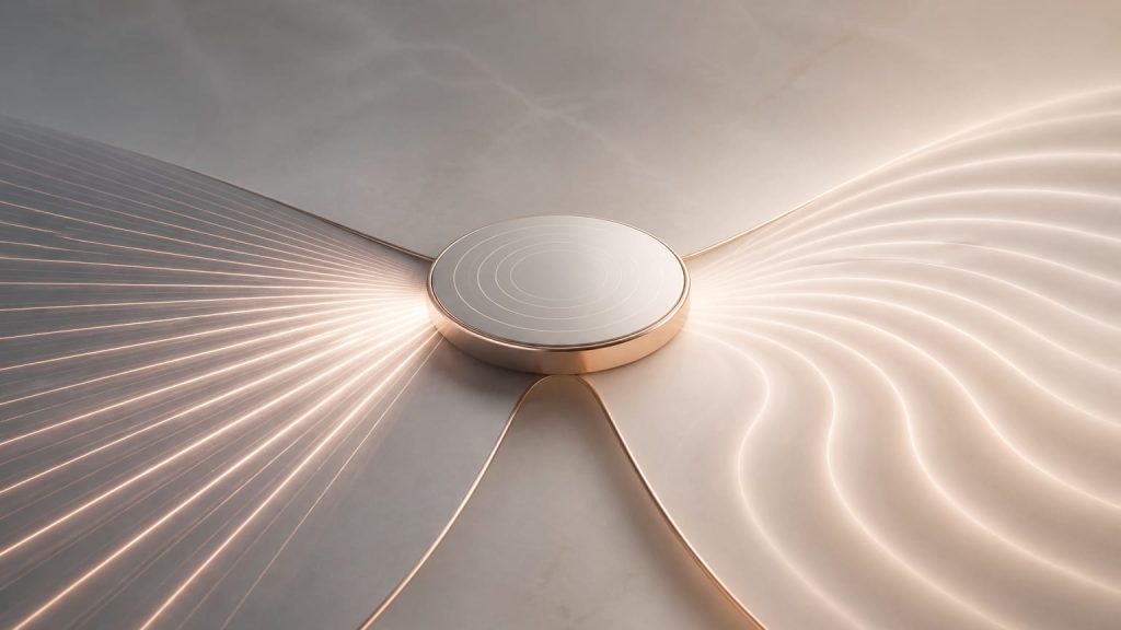 Two abstract pathways branching from a central circular form across a minimal neutral background.