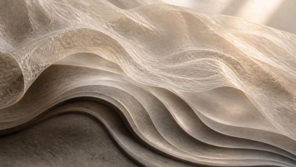 Abstract layered forms with a textured upper veil flowing over deeper geometric contours in muted neutral tones.