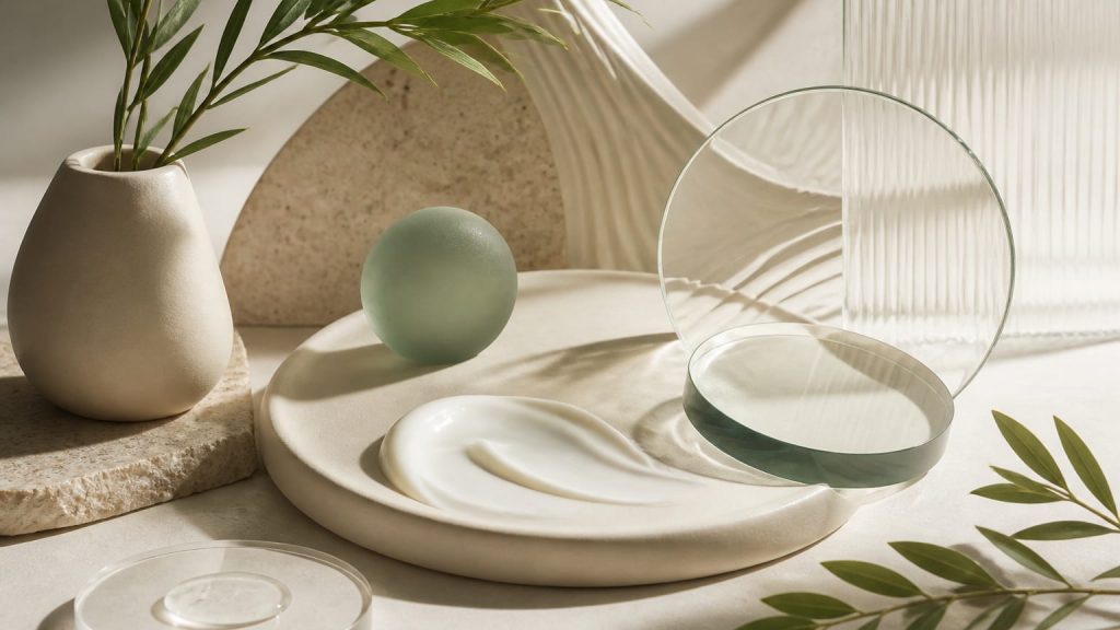 Overlapping glass discs, stone pieces, and cream swirls arranged in harmonious layers.
