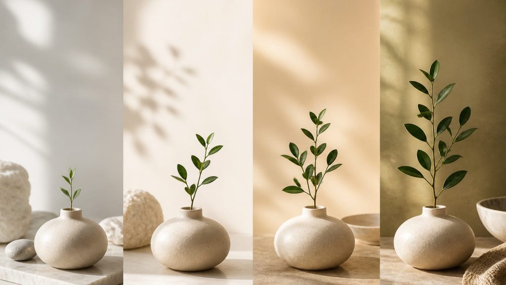 Four small minimalist arrangements in a row, each with a different stage of plant growth and changing light.