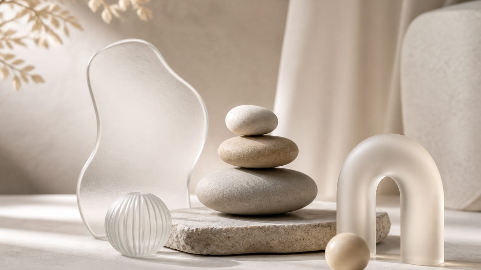Balanced arrangement of smooth stones and translucent forms on a neutral surface.