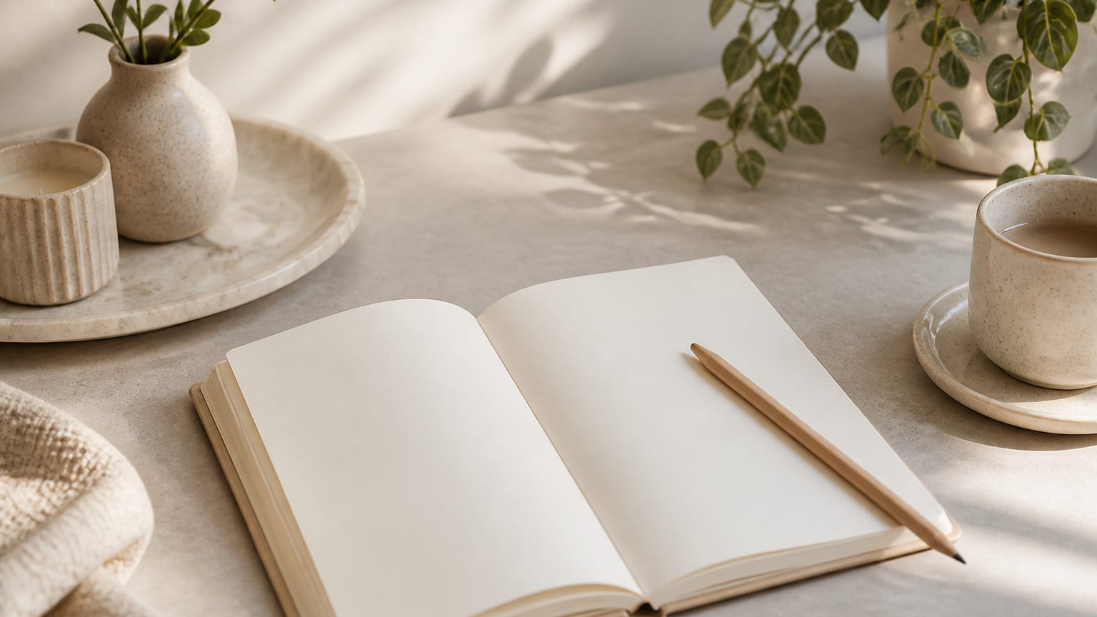 Open blank notebook with a pencil on a tidy desk beside a small plant and neutral decor.