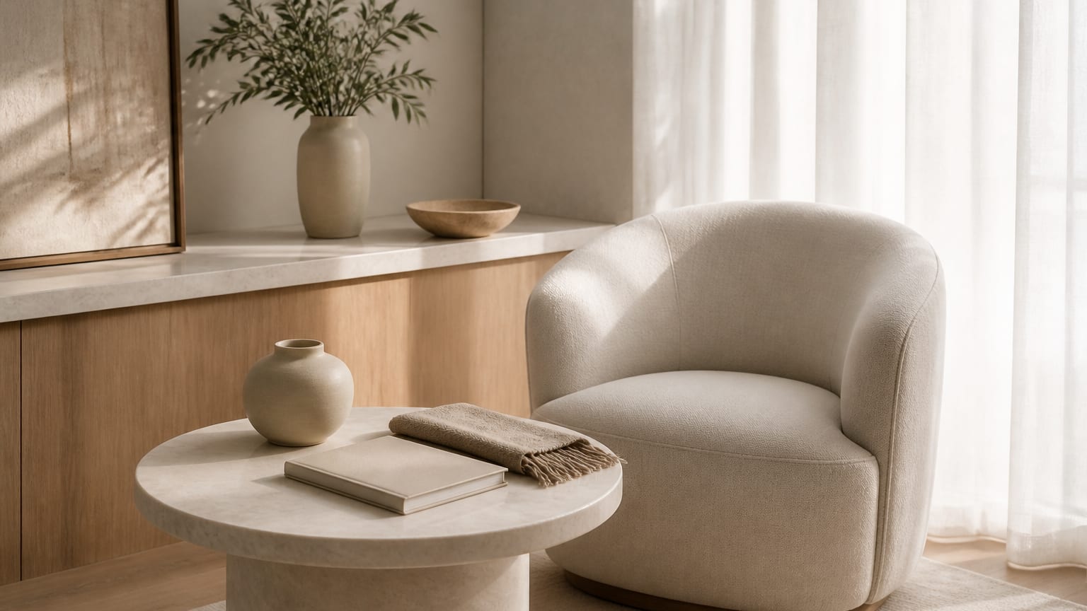 Minimal consultation room with a chair, side table, soft daylight, and neatly arranged neutral objects.