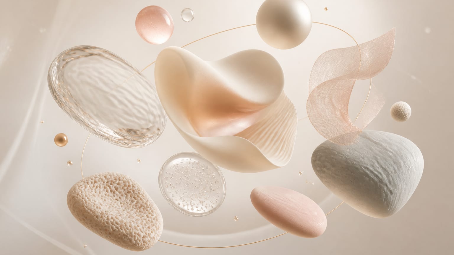 A balanced arrangement of floating abstract shapes connected by light and shadow on a neutral background.