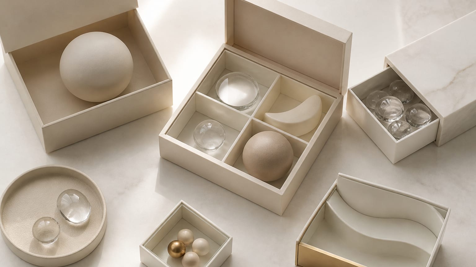 Open lidded boxes and simple objects arranged neatly on a pale background.
