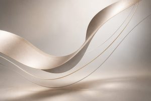 Abstract curved ribbons suspended over a soft gradient background.