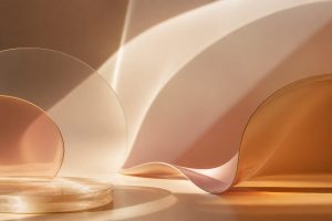 Abstract composition of warm amber and soft rose gradients with layered curved shadows on a clean neutral background.
