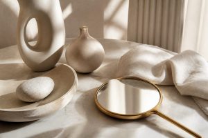 Minimal sculptural objects and a handheld mirror arranged on a stone surface in soft light.