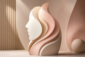 Abstract side-profile-inspired sculpture made of smooth layered curves on a soft neutral background.